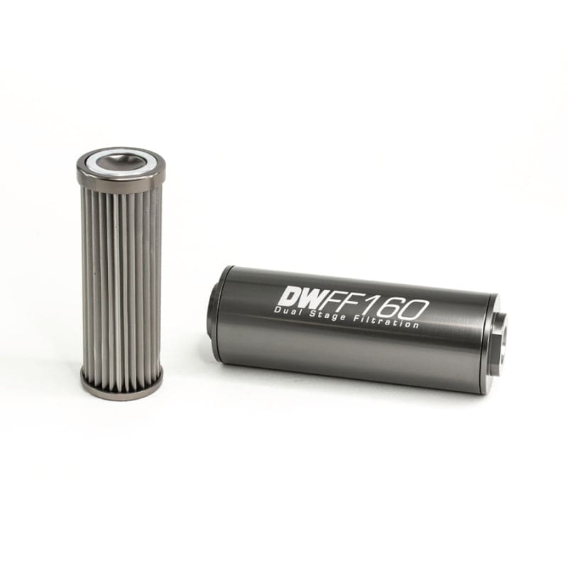 DeatschWerks Stainless Steel 8AN 10 Micron Universal Inline Fuel Filter Housing Kit (160mm) - Mammoth Racing -