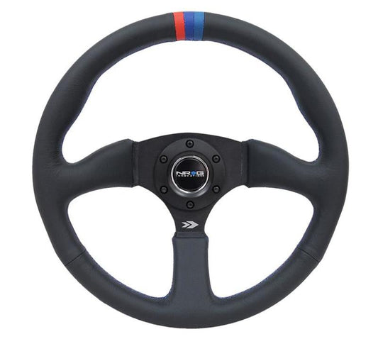 NRG Reinforced Steering Wheel (350mm / 2.5in Deep) Blk Leather w/M3 stitch Matte Blk 3-Spoke Center - My Store
