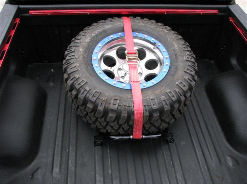 N-Fab Bed Mounted Tire Carrier Universal - Gloss Black - Red Strap - Mammoth Racing -