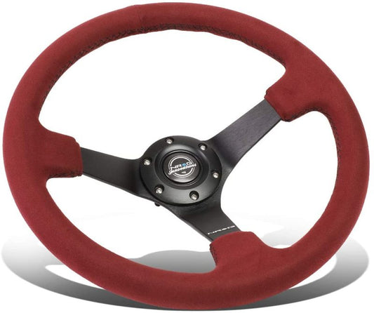 NRG Reinforced Steering Wheel (350mm/ 3in. Deep) Black Spoke/ Burgundy Alcantara w/ Black Stitch - My Store