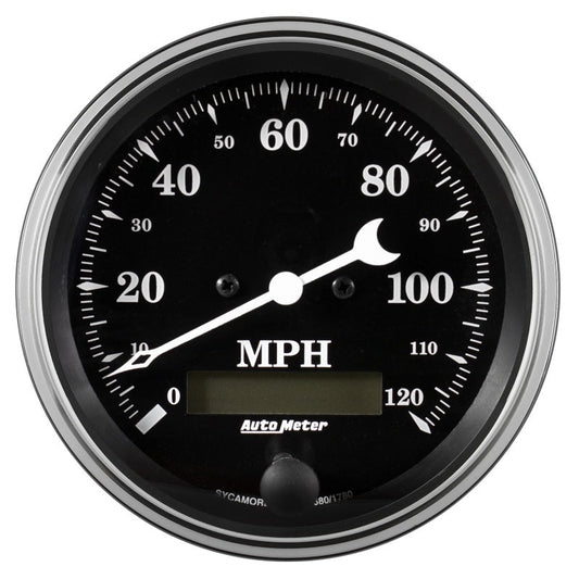 Auto Meter Gauge Speedo. 3 3/8in 120mph Elec. Prog. w/ LCD Odo Old Tyme Black - My Store