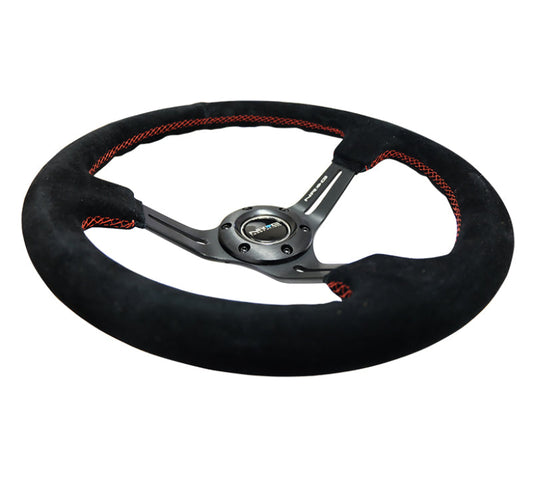 NRG Reinforced Steering Wheel (350mm / 3in. Deep) Blk Suede w/Red Stitching & 5mm Spokes w/Slits - My Store