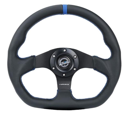 NRG Reinforced Steering Wheel (320mm) Sport Leather Flat Bottom w/ Blue Center/ Blue Stitching - My Store