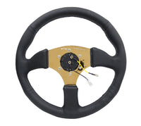 NRG Reinforced Steering Wheel (350mm / 2.5in. Deep) Leather Race Comfort Grip w/4mm Gold Spokes - My Store