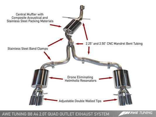 AWE Tuning Audi B8 A4 Touring Edition Exhaust - Quad Tip Diamond Black Tips - Does not fit Cabriolet - My Store