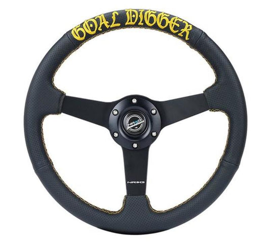 NRG Sport Steering Wheel (350mm / 1.5in Deep) Black Leather/Gold Stitch w/Matte Black Solid Spokes - My Store