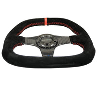 NRG Carbon Fiber Steering Wheel (320mm) Flat Btm. Blk Suede/Red Stitch w/CF Spokes & Red Center Mark - My Store