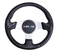 NRG Carbon Fiber Steering Wheel (350mm) Silver Frame Blk Stitching w/Rubber Cover Horn Button - My Store
