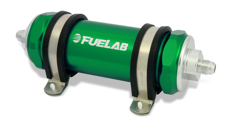 Fuelab 828 In-Line Fuel Filter Long -12AN In/Out 40 Micron Stainless - Green - Mammoth Racing -