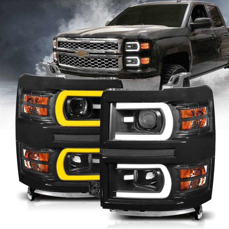 ANZO 14-15 Chevrolet Silverado 1500 Projector Headlights w/ Plank Style Switchback Black w/ Amber - My Store