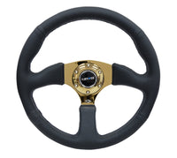 NRG Reinforced Steering Wheel (350mm / 2.5in. Deep) Leather Race Comfort Grip w/4mm Gold Spokes - My Store