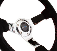 NRG Reinforced Steering Wheel (350mm / 3in. Deep) Blk Suede w/Red BBall Stitch & Chrome 3-Spoke - My Store