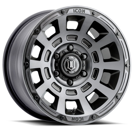 Icon Thrust 17x8.5 6x5.5 0mm Offset 4.75in BS 106.1mm Bore Smoked Satin Black Wheel - Mammoth Racing -