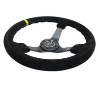 NRG Reinforced Steering Wheel (350mm / 3in. Deep) Blk Suede/X-Stitch w/5mm Blk Spoke & Yellow CM - My Store