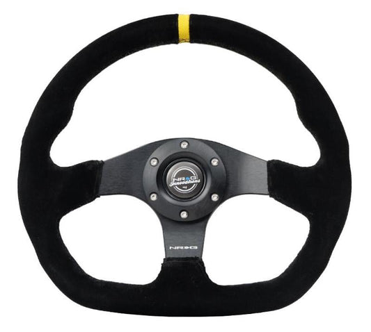 NRG Reinforced Steering Wheel (320mm) Sport Suede Dual Push Buttons Flat Bottom w/ Yellow Center - My Store