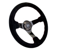 NRG Reinforced Steering Wheel (350mm / 3in. Deep) Blk Suede w/Red BBall Stitch & Black 3-Spoke - My Store