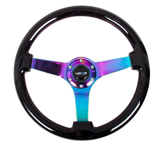 NRG Reinforced Steering Wheel (350mm / 3in Deep) Classic Blk Wood Grain w/Neochrome 3-Spoke Center - My Store
