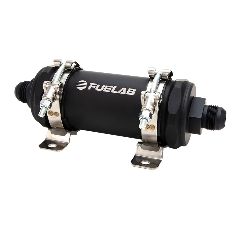 Fuelab PRO Series In-Line Fuel Filter (10gpm) -12AN In/-10AN Out 100 Micron Stainless - Matte Black - Mammoth Racing -